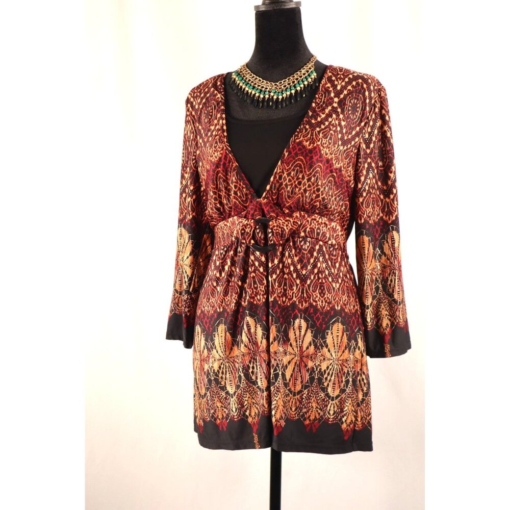 Dressbarn by‎ women's Open Front Red & Gold Printed with Tie Belt Size Medium